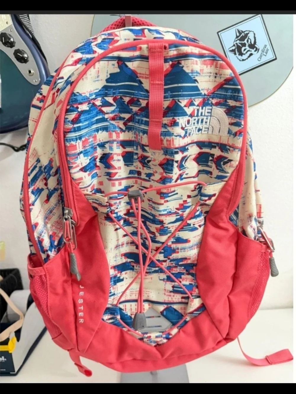 The North Face Patterned Jester Backpack in Coral and Blue